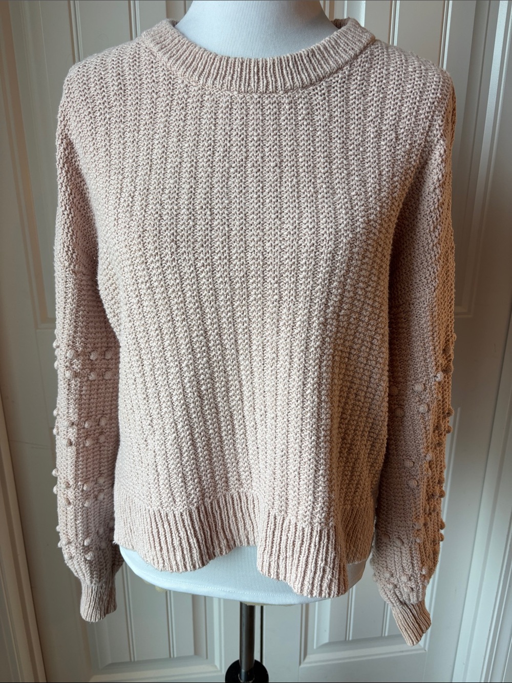 Madewell Blush Cream Textured Pom-Pom Sleeve Crew Sweater size M